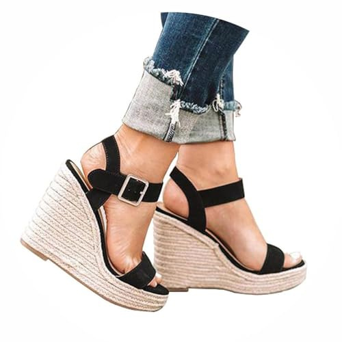 riou Sandalias Mujer Plataforma Esparto Verano Casual Alpargatas De Cuña Sandalias Boca De Pez Fondo Plano Antideslizantes Damas Hebilla Zapatos Casual Roma Casual Fiesta Tacones Altos