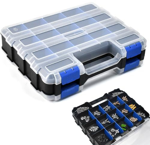 VGECEE Boîte à Compartiments 34 Compartiemnts Boîtes à Outil Professionnelle Double Face Boîte à Vis Boites de Rangement Compartimentée Vide, 32 x 27 x 8 CM, Idéale pour Vis, Écrous, Petites Pièces