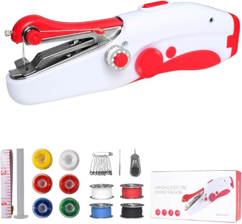 Handheld Sewing Machine, Mini Portable Electric Sewing Machine for Beginners Adult, Fast Stitch Suitable for Clothes, Fabrics, DIY Home Travel (Red)