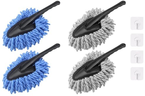 Kellegour Car Duster, 4 unidades de cepillo para el polvo del coche, cepillo de limpieza de microfibra con mango, cepillo de limpieza de plumero de coche, universal, para casa, oficina (azul, gris)