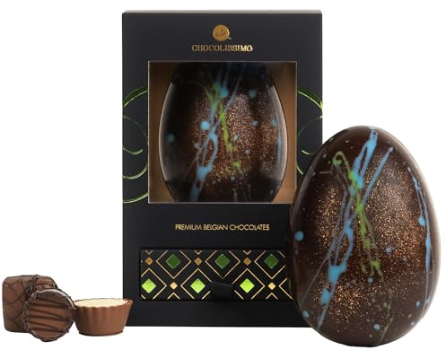 CHOCOLISSIMO - Huevo de Pascua Grande de Chocolate Con Leche Con 4 Bombones Sin Alcohol - Regalo de Pascua Noble en Caja de Regalo Oscura, Regalo de Pascua de Caramelos para Mujer