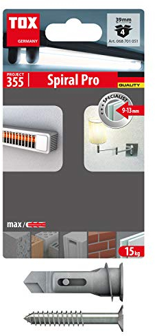 TOX Anclaje para placas de yeso laminado Spiral Pro 39-5 + tornillo con accionamiento PZ2, longitud de anclaje 39 mm, para placas de yeso laminado monocapa 4 piezas en blister, 068701051