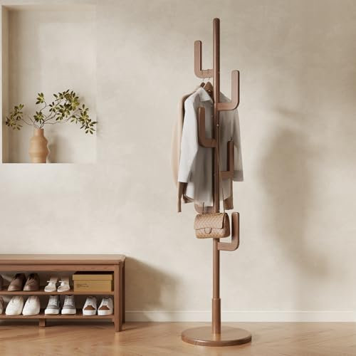 KungFuWood Kaktus-Garderobe, freistehend, einzigartiges Design, freistehender Holz-Garderobenbaum mit 6 Haken, stabile und einfache Montage, Garderobenständer für Eingangsbereich, Flur