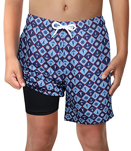 LUCOWEE Boys Swim Trunks with Boxer Brief Liner Compression 6 Swimming Shorts Stretchy UPF Quick Dry Swimsuit Size 6-20