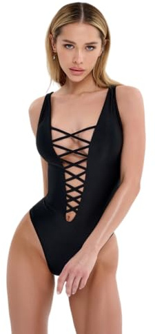 Bona Fide Bañador de Una Pieza Sexy para Mujer – Monokini | Traje de baño, parte superior triangular halter, acolchado, compresión, piscina, resort, vacaciones, negro