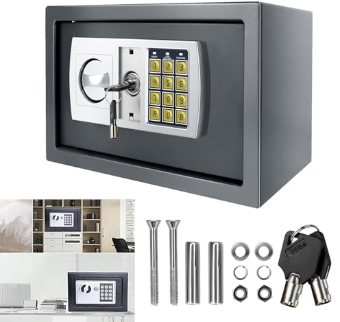 Caja fuerte pequeña de 31 x 20 x 20 cm, ignífuga con cerradura de combinación y 2 llaves de emergencia, caja fuerte electrónica digital con doble perno de acero, color gris
