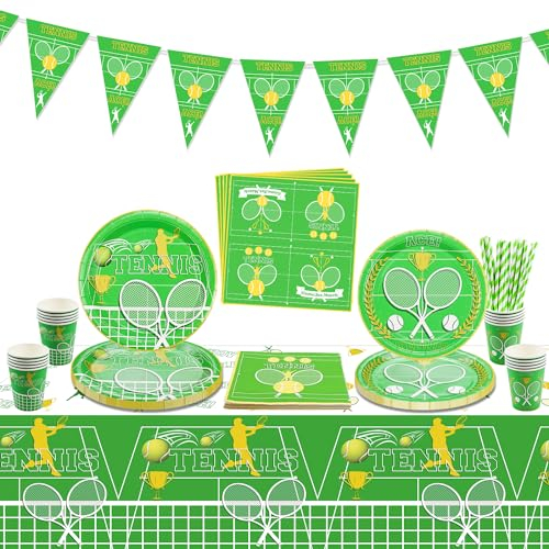 Decorazioni per la festa del tennis, include bandiera del tennis, tovaglia, piatti di carta, tovaglioli, bicchieri di carta per la festa di compleanno dei bambini, festa a tema sportivo, per 20 ospiti