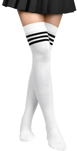 Aomig Chaussettes longues à rayures au-dessus du genou pour femmes et filles, chaussettes bottes, décontractées, 3 bas longs tubes à rayures blanches et noires pour un usage quotidien, cosplay, 1