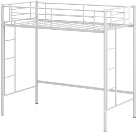 Multigot Metal Bunk Bed, 2 Ladders Single Loft Bed Frame (White) | Space-saving High Sleeper with Safety Guardrail for Kids Teens Adults