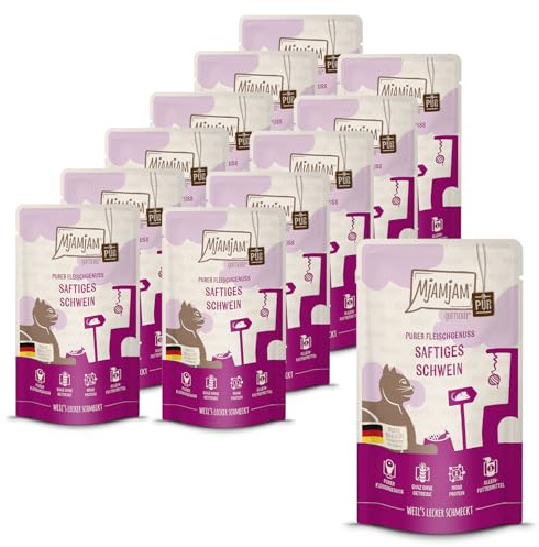 MjAMjAM - Premium nourriture humide pour chats - Quetschie - succulent porc PUR, paquet de 12 (12 x 125g), sans céréales avec extra viande