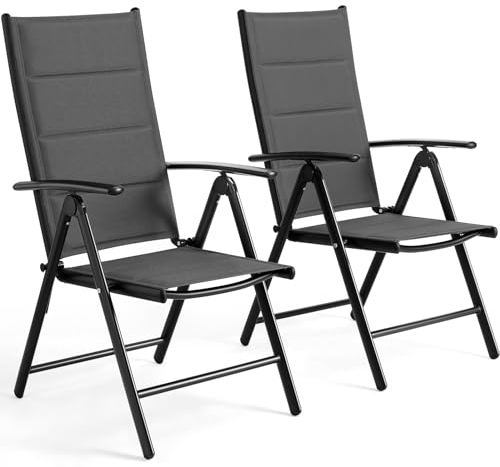 LIFERUN Gartenstühl Hochlehner Klappbar, 2er Set Aluminium Balkonstuhl,mit Gesteppte Rückenlehne & Sitzfläche,7-Fach Verstellbar,Bis 120 kg, Outdoor Esszimmerstuhl, Armlehnen Klappstuhl, Grau, 2 PCS