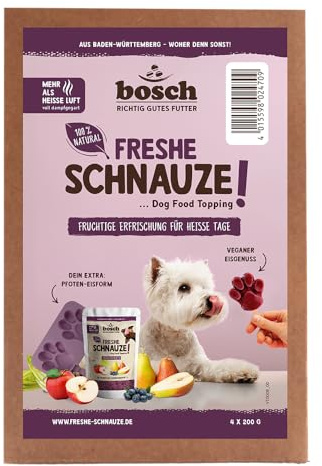 Muselière Bosch Freshe 4 x 200 g + Moule à Glace pour Chiens | Topping pour Nourriture pour Chien | Convient pour Les Aliments secs et humides | avec Pommes, poires et myrtilles