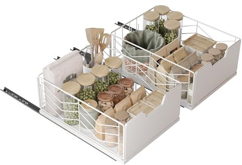 NETEL 2 Pack Teleskopschublade mit Kleber, Ausziehbare Schublade Küche, Ausziehbarer Schrank Organizer, Für Küche, Bad, Schrankorganisation 40 Tiefe x30 Breite x17.5 Höhe Zentimeter, Weiß