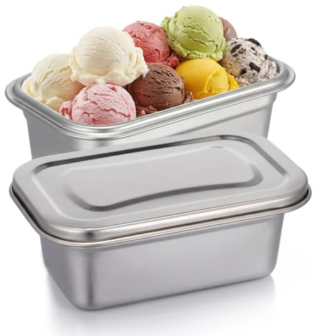 PRETYZOOM isbehållare i rostfritt stål för glass, set om 2, 600 ml | Glassbehållare med lock, frysbehållare för hemlagad glass och mat, diskmaskinssäker och BPA-fri