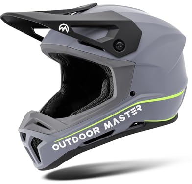 OutdoorMaster Full Face Mountain Bike Helmet for Men & Women - Durable, Impact Resistant, Ventilated, Adjustable Visor - Downhill Race BMX MTB Helmet - Grey, M