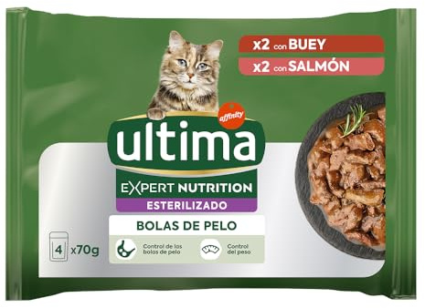 Ultima Expert Nutrition Comida Húmeda para Gatos Esterilizados - Control de Bolas de Pelo - Caja de 11 x (4x70g)