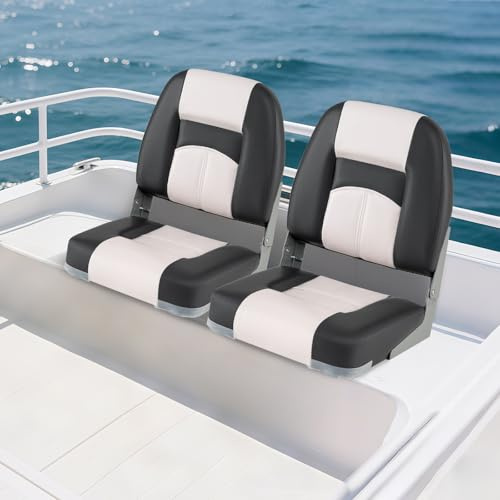 GOPLUS Lot de 2 Sièges de Bateau Dossier Bas, avec Siège de Cabine en Cuir PVC Imperméable, Rembourrage en Éponge, Boulons Fixation, Sièges Rabattables Capitaine de Pêche, Charge 150kg,42 x 49 x 51CM
