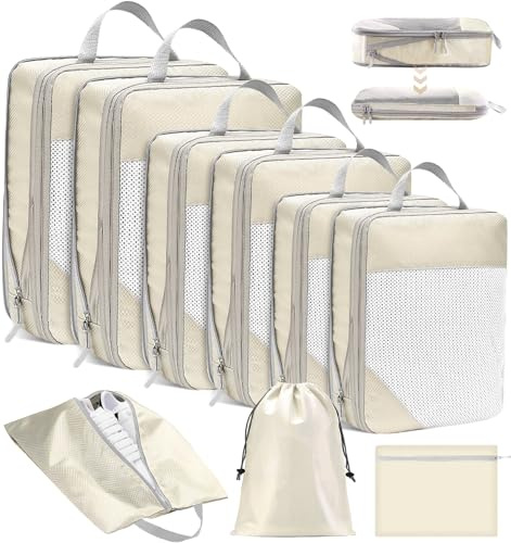 POWZOO 9 Teilige Compression Packing Cubes Set,Kleidertaschen,Schuhtaschen,Koffer Organizer Set,Organizer Packing Cubes Compression,für Koffer,Backpack,Reise organizer,Ordnungssystem für Koffer-Beige