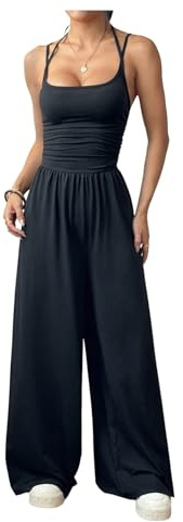 Floerns Women's Summer Jumpsuit Spaghetti Strap One Piece Outfit Wide Leg Baggy Pants Romper Black Medium