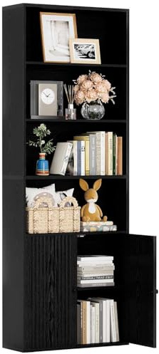 IRONCK Bookcase, Bookshelf with Doors, 6 Tier Tall Book Shelf, Shelving Unit, 60x23.5x180cm Free Standing Display Shelf for Living Room, Home Office, Dinning Room (black)