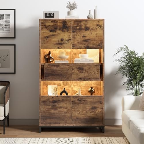 YuQozii 80 x 40 x 138 cm vitrina con luz ambiental con 2 cajones, acrílico, armario alto, armario para vino, estantería, mucho espacio de almacenamiento, color negro + grano de madera