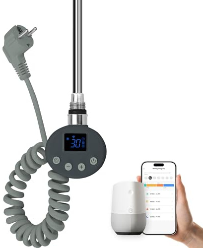 EMKE Heizstab mit Thermostat für Badheizkörper 600W, Smart WiFi Heizpatrone aus Edelstahl für Heizkörper Handtuchheizkörper Handtuchwärmer Elektrisch Anthrazit