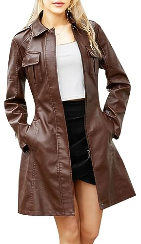Generisch Chaqueta de cuero para mujer de longitud media con cinturón, manga larga, chaqueta cortavientos británica, abrigo de cuero, café, L
