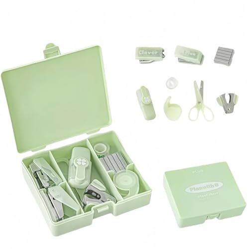 Vyloky 8-teiliges Büro-Set im Kleeblatt-Design mit Aufbewahrungsbox: Locher, Tacker, Schere, Textmarker – kompakt für Schule, Office und Reisen