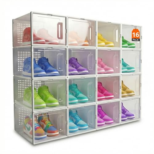 Zapatero Plastico Pack 16 - PINCHO - Cajas para Zapatos, Cajas Zapatos Transparentes, Caja Organizadora Apilable, Organizador Armario con Cajón Frontal - Cajones Almacenaje con Ventilación, Modular