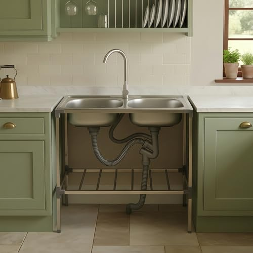 Lavello in Acciaio Inox Autoportante 75×40×83 cm Lavello e Set di Scarico and rubinetto,Lavello 2 Vasca lavandino da cucina indipendente per Cucina Ristorazione Giardino e Esterni,Facile Da Pulire