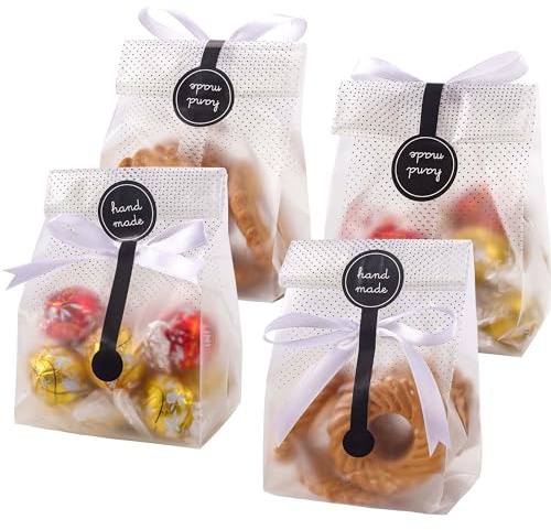 YunKo Cookie Bags for Gift Giving Clear Cellophane Treat Bags for Favors Mini Loaf, Bundt Cake, Hot Cocoa Bomb Packaging With Stickers(100PACK, Black Dot)