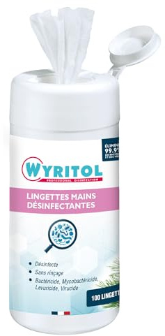 WYRITOL - Lingettes Désinfectantes Mains - Nettoyantes - Sans Rinçage ni Essuyage - Élimine Bactéries & Virus - Fabrication Française - Boîte de 100 Lingettes