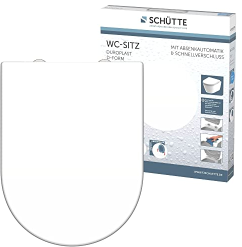 SCHÜTTE WC Sitz Duroplast D Form, Toilettensitz mit Absenkautomatik und Schnellverschluss für die einfache Reinigung, maximale Belastung der Klobrille 175 kg, Weiß 82910