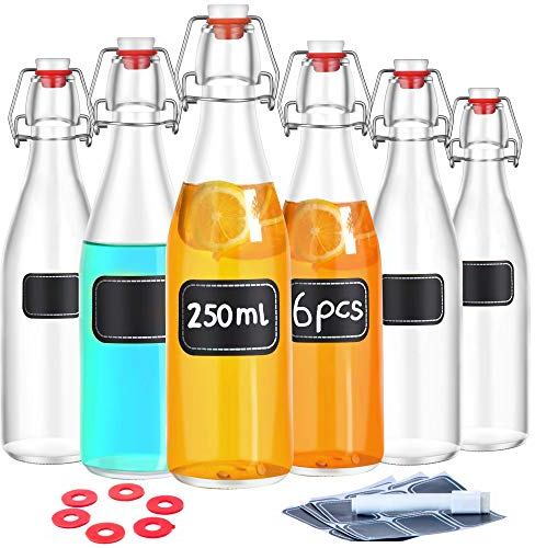 Praknu 6 Botellas Cristal 250ml con Tapón Hermético - con 12 Etiquetas y Rotulador - Botella Vidrio para Licores Caseros, Aceite, Cerveza Artesanal, Vinagre, Vino y Bebidas
