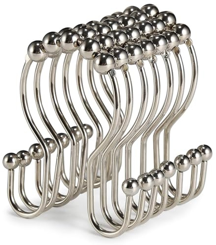 Goowin Shower Curtain Hooks, 12 Pcs Shower Curtain Rings, Stainless Steel Roller Rust-Resistant Balance Sliding Anti-Drop Double Shower Hooks for Curtain Bathroom Shower Curtains (Nickel)