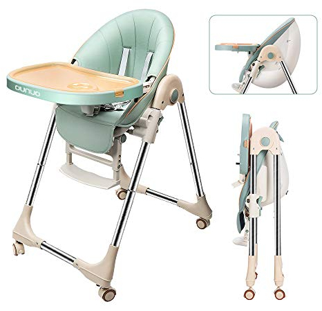 OUNUO Baby Hochstuhl Vertehllbar und Klappbar kinderhochstuhl mitwachsend Kindersitz Kinderstuhl mit Sicherheitsgurt 6 Monaten bis 6 Jahre PU Leder Kissen (Grün)