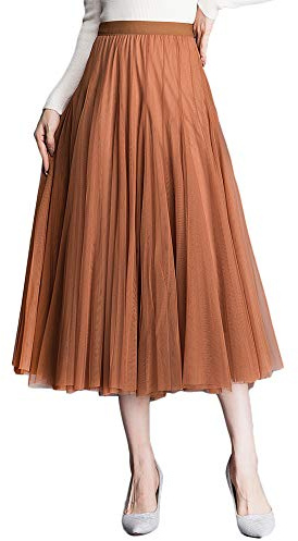 ANIMQUE Donna Gonna Tulle Midi Plissettata Elastico Alta Vita Elegante Gonna Matrimoni Festa Lunghezza 78cm, Arancione Scuro
