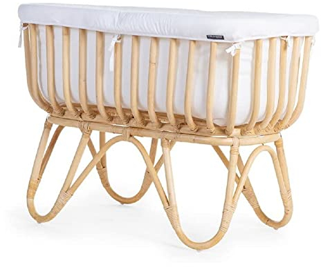 Béaba CHILDHOME, Babywiege aus Rattan, rechteckig, Matratze inklusive, sehr leicht, Verwendung bis 9 kg, 90 x 50 x 70 cm, Jerseybezug, Ecru