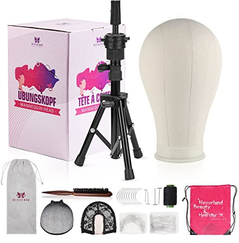 Neverland Beauty & Health 23 Inch Wig Head Stand Tripod, with Canvas Mannequin Heads for Wigs, Manikin Canvas Head Block Set for Making Display with T Pins Set Bristle Brush
