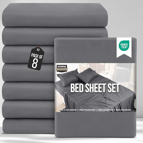 Utopia Bedding Bed Sheets Set Bulk Pack of 8 (Double, Grey) – Fitted Sheet, Flat Sheet with Pillow cases 50x75 – Wrinkle, Shrinkage & Fade Resistant – Soft Brushed Polyester Microfiber Fabric
