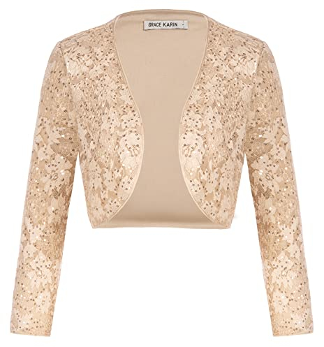 GRACE KARIN Damen Pailletten Shrug Disco Stimmung Langarm Glitzer 3/4 Ärmel Bolerojacke Aprikose XL