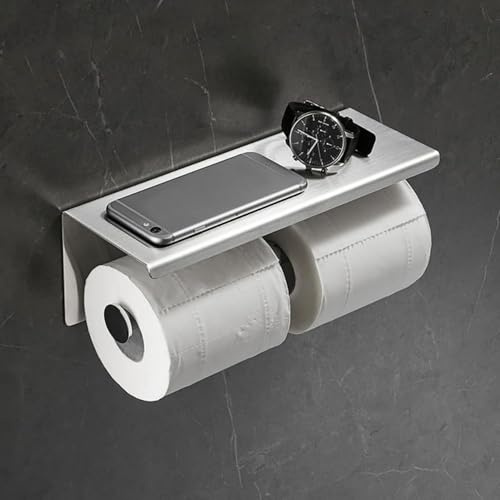 Double Roll Toilet Paper Holder with Shelf, Wall Mounted Stainless Steel Tissue Dispenser for Bathroom (Silver)