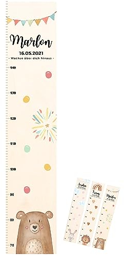 wunderwunsch® - Personalisierte Messlatte Kind Holz zum Kleben oder Aufhängen - Skala 70-140cm - Süße Dekoration für Baby- & Kleinkinderzimmer (Bär)