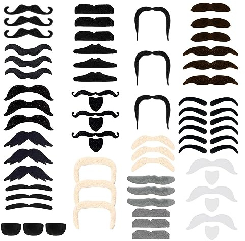 AWAVM 66 st konstgjorda mustascher, självhäftande mustasch, självhäftande mustasch, falskt skägg, mustaschkostym för halloween maskeradfest, fotobås