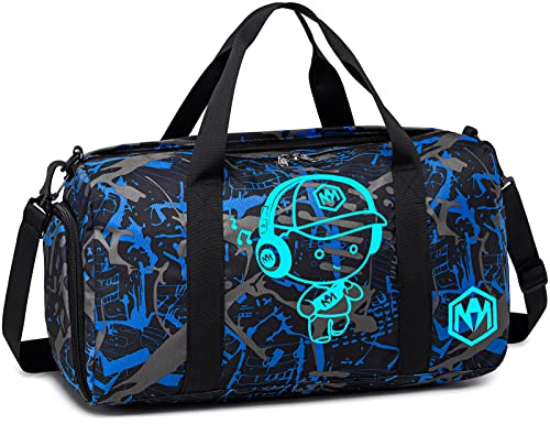 Sporttasche Kinder Schwimmtasche Jungen Damen mit Schuhfach und Nassfach Badetasche Teenager Kleine Reisetasche Fitnesstasche (Prinz Graffiti Blau)