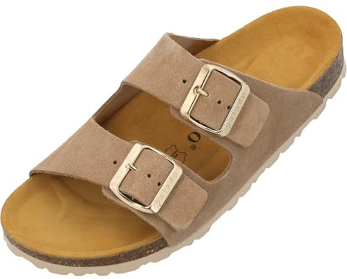 Palado Pantoletten Damen Korfu Suede Premium Leather - bequeme Sandalen Made in Spain - Hausschuhe mit Kork-Fußbett - modische Sommerschuhe Beige/Gold UK7 - EU40