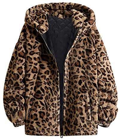 Rrongwn Chaquetas de peluche para mujer, leopardo, forro polar, chaqueta con capucha, estampado de leopardo, chaqueta de invierno, abrigo de lana de moda, chaqueta de entretiempo informal, chaqueta de