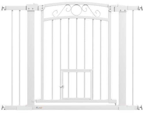 PawHut Barrera para Perros Puerta 76-104 cm Barrera de Seguridad para Perros con 2 Extensiones 7/14 cm Fácil Montaje Cierre Automático Doble Bloqueo para Escaleras y Puertas Blanco