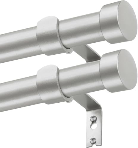 KAMANINA 2 Pack Silver Curtain Pole 80 to 304 cm, 25 mm Diameter Curtain Poles for Eyelet Curtains, Extendable Curtain Rod with End Cap Finials for Windows