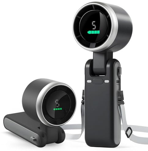 Neuonn Handheld Fan with High Speed (1-5) Cooling Turbo, Portable Handheld Fan with 4000mAh Rechargeable Battery, LED Display 180° Rotation Mini Fan for Office/Neck hang/Travel/Beach